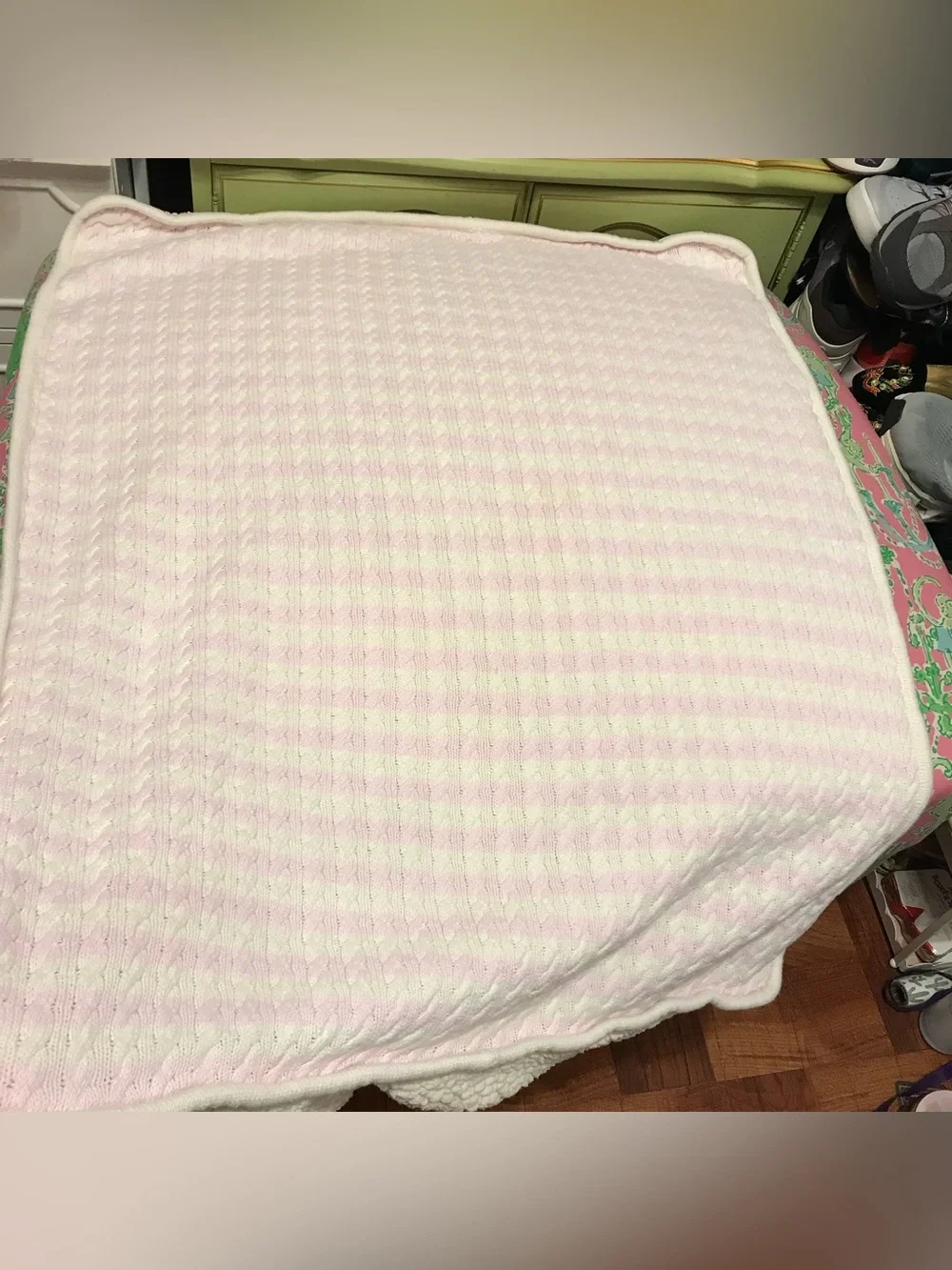 Pottery Barn kids Pink and White Cable Knit Sherpa Baby Blanket